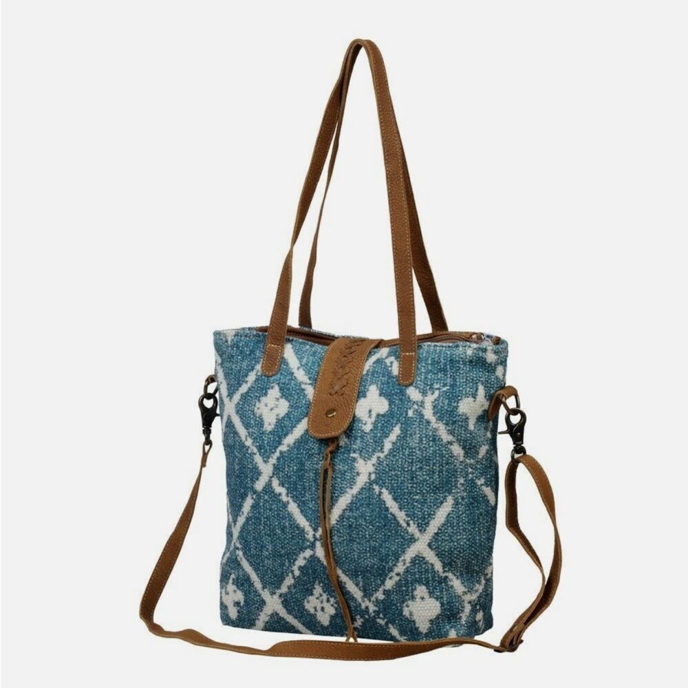 Myra BEGUILE Blue White Rug Canvas Brown Leather Upcycled Tote Bag - Picture 2 of 16